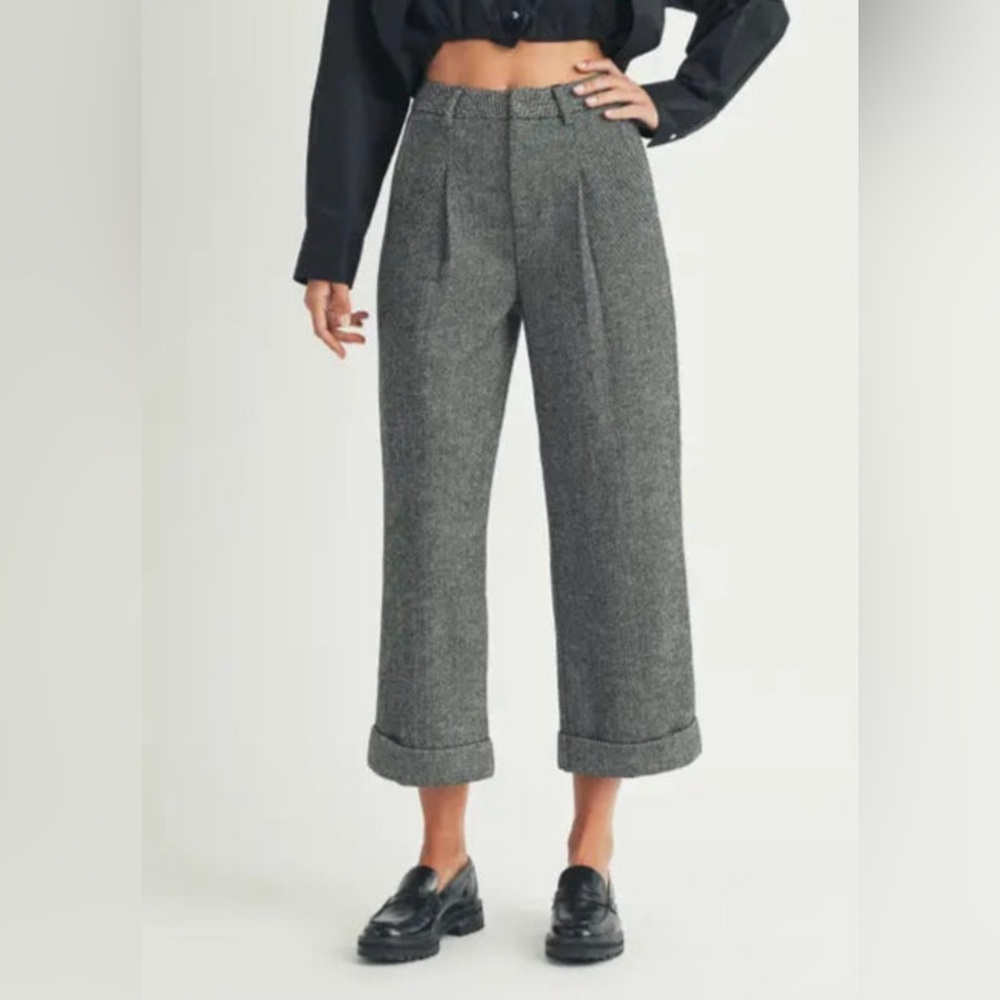 Wool Herringbone Elle Grey Wide-Leg Pleated Lined Pants EUC